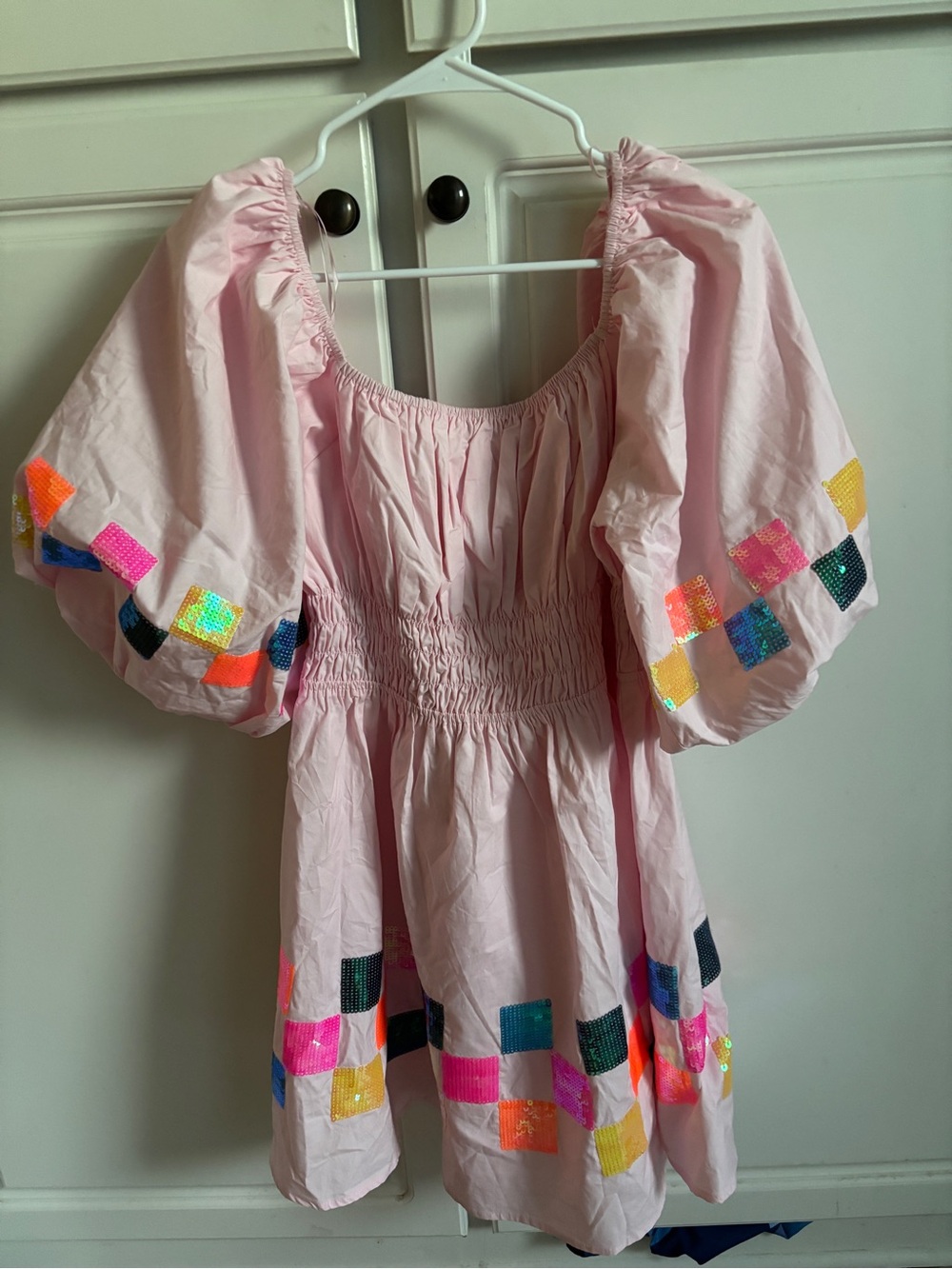 Fantastic Fawn Pink Sequin Trim Puff Sleeve Mini Dress Size Large
